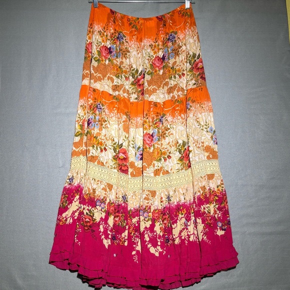 Forbidden womens vibrant boho tiered maxi skirt ruffles vintage gauzy gypsy sz L - Picture 2 of 9